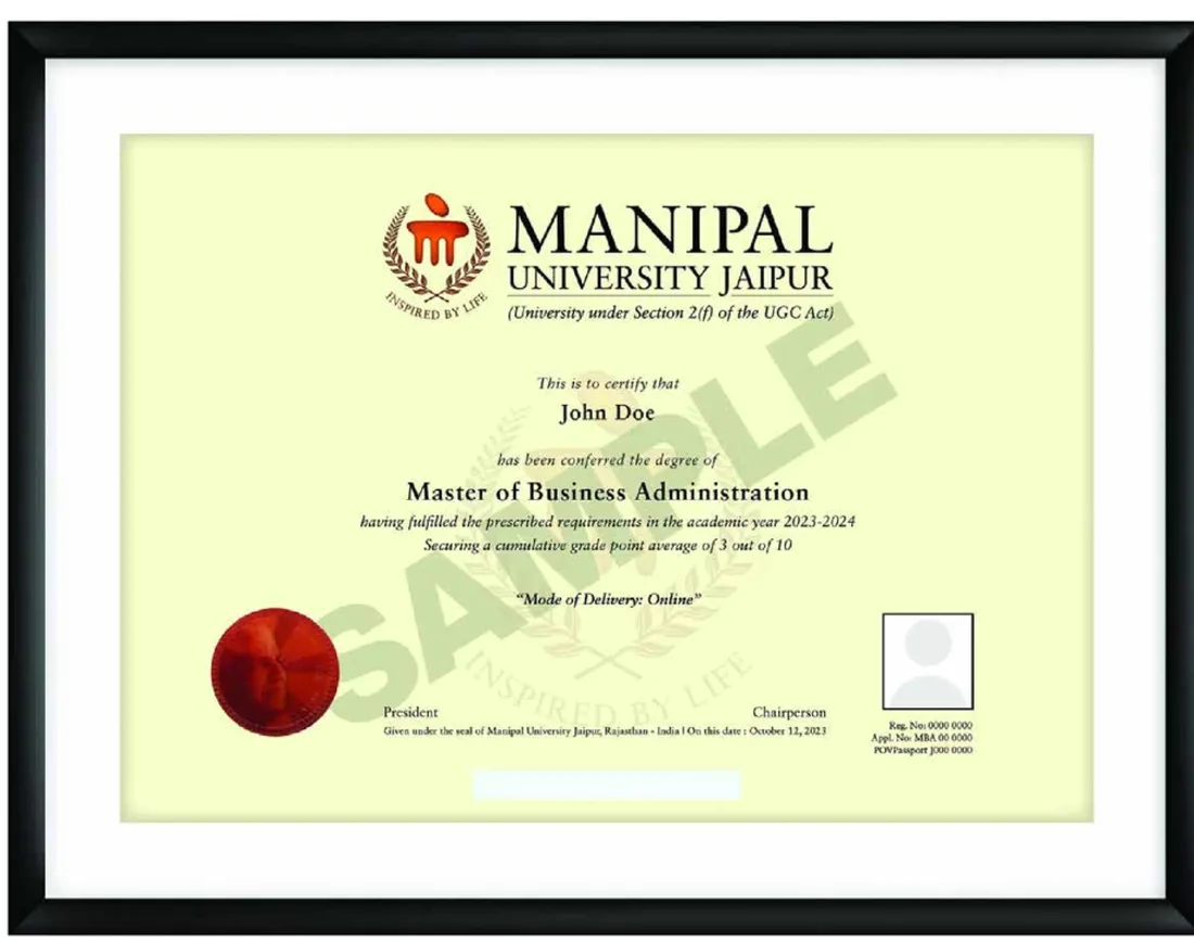 Sample Manipal University Jaipur MBA degree certificate showing Mode of Delivery: Online