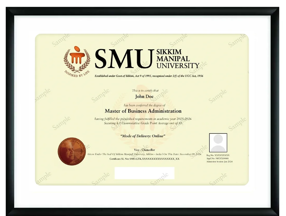 Sample Sikkim Manipal University MBA degree certificate showing Mode of Delivery: Online